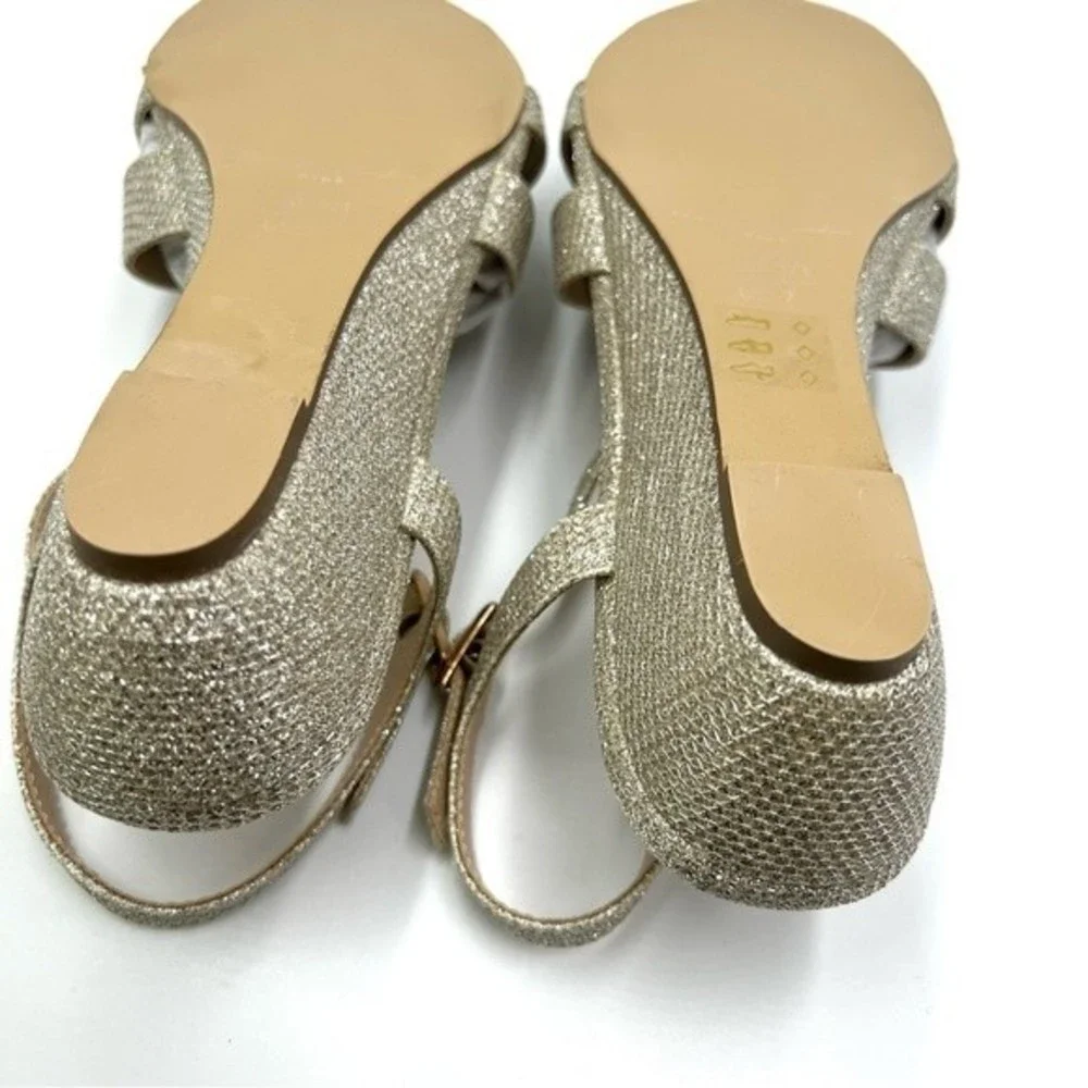 Paradox London Womens Size 7‎ Jackie Low Wedge Champagne Shimmer Dress Sandals